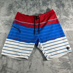 Volcom‎ Mod Tech Board Shorts Men's Size 36 Red Blue White Stripe Swim Trunks